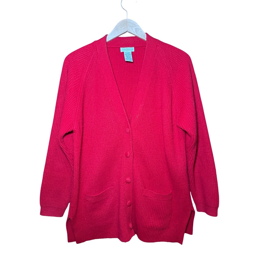Yarnworks Red Ribbed Cardigan Sweater Womens Medium V-Neck Button Front Pockets